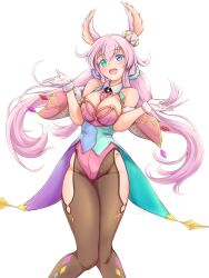  animal_ears between_breasts blue_eyes breasts feet_out_of_frame female gem gloves green_eyes heterochromia highres knees_together_feet_apart kururu_(princess_connect!) large_breasts leotard long_hair maoo-san pink_gemstone pink_hair pink_leotard playboy_bunny princess_connect! rabbit_ears simple_background solo twintails white_gloves 