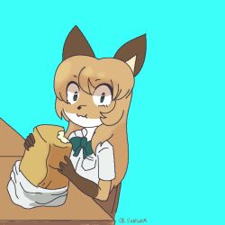  .sekibanki 2024 anthro averi_(fiddleafox) bleach_(series) bread bread_loaf brown_body brown_fur canid canine clothing female female_anthro food fox fur gloves_(marking) hair mammal markings parody red_fox simple_background sitting solo true_fox white_body white_fur 