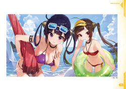  2girls ahoge armpits azur_lane bare_arms bare_shoulders beach beach_umbrella bent_over bikini black_choker black_hair breasts brown_hair choker cleavage cloud day food frown hair_ornament hair_rings halterneck hand_on_own_chest highres innertube loading_screen long_hair looking_at_viewer medium_breasts modare mouth_hold multiple_girls navel ning_hai_(azur_lane) ning_hai_(summer_hunger)_(azur_lane) ocean official_alternate_costume official_art outdoors ping_hai_(azur_lane) ping_hai_(summer_vacation)_(azur_lane) popsicle purple_bikini purple_eyes red_bikini red_eyes side-tie_bikini_bottom sky small_breasts standing string_bikini swim_ring swimsuit thighs twintails umbrella v-shaped_eyebrows visor_cap wading water 