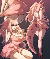  animal_ears artist_name back bare_arms bare_shoulders black_background black_nails breasts cat_ears cat_girl claw_pose cleavage collarbone commentary dress dress_tug english_commentary evening_gown extra_eyes female fingernails gradient_background hair_between_eyes heterochromia high_heels high_ponytail highres indie_virtual_youtuber kinkymation kneepits large_breasts lilyggoth long_hair looking_at_viewer looking_back median_furrow mole mole_on_breast mole_under_mouth multicolored_nails nail_polish nose open_mouth pink_background pink_dress pink_eyes pink_footwear pink_hair pink_nails pink_theme pulling_own_clothes sharp_teeth shoulder_blades sitting sleeveless sleeveless_dress smile solo_focus strap_pull tail teeth thighs upper_teeth_only virtual_youtuber 