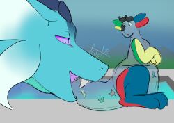  blue_body blue_scales frosti_(frostidragon) frostidragon hi_res imminent_vore nervous pool_toy poolside scales simple_background size_difference tail tail_in_mouth 