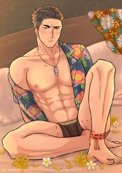  1boy abs ao_isami bara bare_pectorals black_hair blush dog_tags facial_hair full_body hawaiian_shirt highres large_pectorals looking_at_viewer male_focus muscular muscular_male naalseaka navel nipples official_alternate_costume on_bed pectorals shirt shirt_partially_removed sideburns_stubble sitting solo stubble thick_eyebrows yuuki_bakuhatsu_bang_bravern 