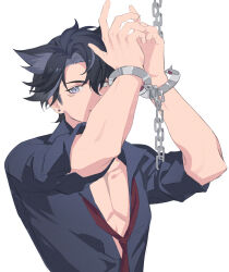  1boy absurdres animal_ears arms_up bishounen black_shirt broken broken_chain broken_handcuffs chains chenshuisuhe covered_face cuffs curtained_hair double-parted_bangs dress_shirt earrings extra_ears film_grain genshin_impact grey_eyes hair_between_eyes handcuffs highres jewelry male_focus necktie open_clothes open_collar open_shirt pectoral_cleavage pectorals red_necktie shirt side_part simple_background sleeves_rolled_up solo stud_earrings three_quarter_view toned toned_male upper_body white_background wriothesley_(genshin_impact) 