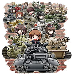  6+girls akiyama_yukari alisa_(girls_und_panzer) anchovy_(girls_und_panzer) animal_ears anzio_military_uniform aqua_hair blonde_hair blush bocchi_(botti_mk2) braid brown_hair carro_armato_p40 cat_ears caterpillar_tracks char_b1 chibi churchill_(tank) commentary_request cup darjeeling_(girls_und_panzer) drill_hair emblem enter_enter_mission! erwin_(girls_und_panzer) fake_animal_ears garrison_cap girls_und_panzer glasses grey_hair hair_ribbon hat isobe_noriko itsumi_erika jacket jagdpanzer_38(t) kadotani_anzu katyusha_(girls_und_panzer) kay_(girls_und_panzer) kuromorimine_military_uniform leopon_(animal) long_hair m3_lee m4_sherman matilda_(tank) medium_tank military military_uniform military_vehicle motor_vehicle multiple_girls nakajima_(girls_und_panzer) nekonyaa_(girls_und_panzer) nishizumi_maho nishizumi_miho ooarai_(emblem) ooarai_military_uniform orange_pekoe_(girls_und_panzer) panzer_iv pravda_(emblem) pravda_military_uniform ribbon saunders_(emblem) saunders_military_uniform sawa_azusa sherman_firefly short_hair st._gloriana&#039;s_military_uniform sturmgeschutz_iii t-34 tank tank_destroyer teacup tiger_(p) tiger_i tiger_ii turretless_tank turtle twintails type_3_chi-nu type_89_i-gou uniform wrench 