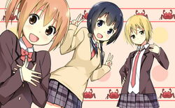  3girls aiura amaya_kanaka black_eyes black_hair blazer blonde_hair blush brown_eyes brown_hair commentary_request crab_shadow_puppet hand_on_own_hip iwasawa_saki jacket long_hair low_twintails multiple_girls necktie open_mouth plaid plaid_skirt pleated_skirt salute school_uniform shadow_puppet short_hair skirt sky-freedom smile twintails uehara_ayuko v vulcan_salute yellow_eyes 