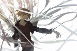  1boy angel_wings black_eyes brown_hair commentary_request energy_wings feathered_wings feathers kakine_teitoku large_wings long_sleeves looking_to_the_side male_focus multiple_wings outstretched_arm psychic science_fiction simple_background solo spread_wings toaru_majutsu_no_index toaru_majutsu_no_index:_old_testament toooka white_feathers white_wings wings 