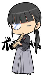  black_hair chibi closed_eyes eyepatch female flute hakama hakama_skirt haori instrument japanese_clothes long_hair lowres ponytail sakamoto_mio shakuhachi shimada_fumikane simple_background skirt solo standing strike_witches white_background world_witches_series 