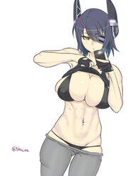  bad_id bad_pixiv_id bikini blaccura black_bikini breasts cellphone cleavage clothes_pull commentary_request covered_nipples eyepatch female headgear highres huge_breasts kantai_collection navel navel_piercing pants pants_pull phone piercing purple_hair selfie shirt_pull short_hair simple_background smartphone solo swimsuit tank_top tenryuu_(kancolle) twitter_username white_background yellow_eyes 