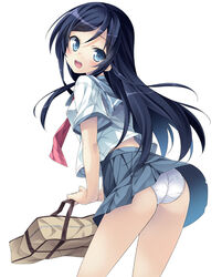  :d aragaki_ayase ass bag black_hair blue_eyes commentary_request female hinata_mutsuki kousaka_kirino&#039;s_school_uniform looking_at_viewer looking_back neckerchief open_mouth ore_no_imouto_ga_konna_ni_kawaii_wake_ga_nai panties photoshop_(medium) school_bag school_uniform serafuku shirt short_sleeves simple_background skirt smile solo underwear upskirt white_background white_panties 