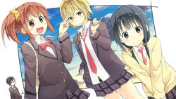  4girls aiura amaya_kanaka bag black_eyes black_hair blazer blonde_hair blush brown_eyes brown_hair commentary_request highres hiroki_eiki iwasawa_saki jacket long_hair low_twintails multiple_girls necktie open_mouth plaid plaid_skirt pleated_skirt school_bag school_uniform short_hair side_ponytail skirt smile sweater twintails uehara_ayuko v yanase_mei yellow_eyes 