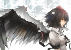  bad_id bad_pixiv_id black_hair black_wings breasts brown_eyes feathered_wings female from_side hat highres lens_flare light_smile looking_to_the_side medium_breasts neck_ribbon photoshop_(medium) pom_pom_(clothes) profile puffy_short_sleeves puffy_sleeves ribbon rotain shameimaru_aya short_hair short_sleeves solo tokin_hat touhou upper_body white_background wings 