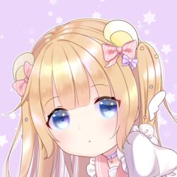  :o animal_ears bad_id bad_pixiv_id bear_ears blonde_hair blue_eyes blush bow choker commentary_request detached_wings diagonal_stripes female hairbow head_tilt kuma_no_yume long_hair looking_at_viewer mini_wings original parted_lips pink_sailor_collar puffy_short_sleeves puffy_sleeves purple_background purple_bow purple_choker sailor_collar short_sleeves solo star_(symbol) starry_background striped two_side_up white_wings wings 