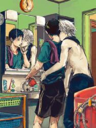  2boys a10 bathroom black_hair brushing_teeth clock couple ikari_shinji kissing male_focus mirror multiple_boys nagisa_kaworu neon_genesis_evangelion short_hair sink tegaki toothbrush topless_male yaoi 