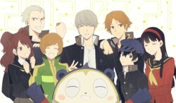  3boys 4girls amagi_yukiko androgynous bad_id bad_twitter_id bear black_hair blonde_hair blue_eyes blue_hair blush brown_hair cabbie_hat closed_eyes crossdressing grey_hair hanamura_yousuke hat headband jacket kujikawa_rise kuma_(persona_4) long_hair looking_at_viewer manaka_(gunjooou) multiple_boys multiple_girls narukami_yuu open_mouth persona persona_4 reverse_trap satonaka_chie scar school_uniform shirogane_naoto short_hair smile tatsumi_kanji tomboy track_jacket twintails 