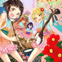  4girls :d album_cover argyle bachi blonde_hair blue-framed_eyewear blue_eyes blue_kimono blush brown_eyes brown_hair brown_kimono camellia cherry_blossoms commentary_request cover detached_sleeves drum earrings fingernails flower flute frilled_kimono frills fue_(instrument) glasses gradient_kimono green_eyes hair_between_eyes hair_flower hair_ornament holding holding_instrument instrument japanese_clothes jewelry kimono kimono_skirt koto_(instrument) long_hair long_sleeves miyabi_akino mount_fuji multiple_girls nadeshiko_doremisora nekoma_miya obi official_art open_mouth parted_bangs paw_hair_ornament pink_flower pink_kimono plectrum plum_blossoms purple_hair red_eyes red_flower sash shakuhachi shamisen sidelocks sleeveless sleeveless_kimono smile sunflower sunflower_hair_ornament taiko_drum takemi_hiyo togawa_kano tsurumi_ema very_long_hair wide_sleeves yellow_flower 