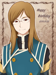  1boy birthday bishounen brown_hair commentary_request dated english_text glasses hakkatou happy_birthday jade_curtiss long_hair male_focus red_eyes smile solo tales_of_(series) tales_of_the_abyss 