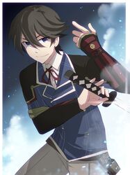  1boy black_hair blue_eyes commentary_request horikawa_kunihiro katana male_focus solo sword touken_ranbu ui_(majiwi) weapon 