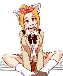  :d animal_ears anna_(watamote) bags_under_eyes blazer blush bow bowtie cat_ears commentary_request dokuna dress_shirt female hairbow jacket lace lace-trimmed_panties lace_trim loose_bowtie loose_socks open_clothes open_jacket open_mouth orange_eyes orange_hair panties pantyshot polka_dot polka_dot_bow red_panties shirt shoes sitting smile socks solo thick_eyebrows underwear watashi_ga_motenai_no_wa_dou_kangaetemo_omaera_ga_warui! white_socks 