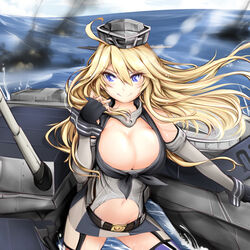  &gt;:) absurdres belt black_gloves blonde_hair breasts cleavage commentary_request female fingerless_gloves gloves hair_between_eyes hat highres iowa_(kancolle) kantai_collection large_breasts long_hair looking_at_viewer navel smile solo v-shaped_eyebrows yuriwhale 