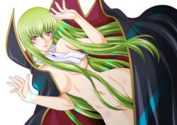  ascot bad_id bad_pixiv_id black_cape breasts brown_eyes c.c. cape cleavage code_geass commentary_request cosplay female green_hair hair_censor hair_over_crotch kaname_aomame long_hair looking_at_viewer medium_breasts nude parted_lips photoshop_(medium) simple_background solo very_long_hair white_ascot white_background zero_(code_geass) zero_(code_geass)_(cosplay) 