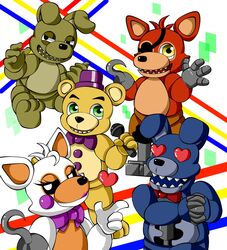  2018 adventure_foxy_(fnaf) adventure_fredbear_(fnaf) adventure_nightmare_bonnie_(fnaf) adventure_springtrap_(fnaf) animatronic bear bow_(feature) bow_tie canid canine eye_patch eyewear five_nights_at_freddy&#039;s five_nights_at_freddy&#039;s_world fox heart_eyes heart_oculama heart_symbol hi_res hook lagomorph leporid lolbit_(fnaf) machine mammal nurikesi oculama rabbit robot scottgames 