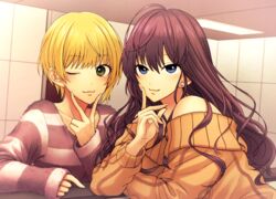  2girls :3 aran_sweater bad_id bad_pixiv_id bare_shoulders blonde_hair blue_eyes cable_knit earrings finger_to_cheek fur_sweater green_eyes highres hirose_sai ichinose_shiki idolmaster idolmaster_cinderella_girls index_finger_raised indoors jewelry lazy_lazy_(idolmaster) long_hair long_sleeves looking_at_viewer miyamoto_frederica multiple_girls off-shoulder_sweater off_shoulder one_eye_closed purple_hair short_hair striped_clothes striped_sweater stud_earrings sweater upper_body v 