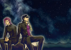  2boys bad_id bad_pixiv_id black_hair chains commentary_request gakuran hat jojo_no_kimyou_na_bouken kakyoin_noriaki kijinkutsu kujo_jotaro long_coat male_focus multiple_boys photoshop_(medium) pink_hair school_uniform stardust_crusaders 