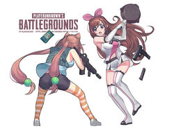  2girls absurdres animal_ears artist_name ass assault_rifle backpack bag bare_shoulders bike_shorts black_shorts black_soldier blue_eyes blue_shirt blush body_armor boots breasts brown_hair bulletproof_vest cat_ears chinese_commentary commentary_request copyright_name crossover elbow_gloves eotech extended_magazine field_ration floating floating_object foregrip from_behind frying_pan glock gloves gun h&amp;k_hk416 hair_ribbon hairband handgun heckler_&amp;_koch highres hinata_channel holding holding_frying_pan holding_gun holding_weapon kizuna_ai kizuna_ai_inc. large_breasts long_hair low_twintails magazine_(weapon) multicolored_hair multiple_girls nekomiya_hinata open_mouth optical_sight photoshop_(medium) pink_hair pink_hairband playerunknown&#039;s_battlegrounds ribbon rifle shirt shoes short_shorts shorts simple_background sleeveless sleeveless_shirt standing standing_on_one_leg streaked_hair striped_clothes striped_thighhighs suppressor thigh_boots thighhighs twintails vertical-striped_clothes vertical-striped_thighhighs vertical_foregrip very_long_hair virtual_youtuber weapon white_background white_footwear white_gloves white_legwear white_shirt white_shorts white_thighhighs 