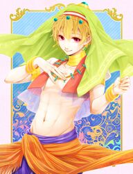  1boy arabian_clothes aymraaa bad_id bad_pixiv_id bangle blonde_hair bracelet dancer earrings free! hazuki_nagisa highres jewelry male_focus navel neck_ring necklace red_eyes smile solo splash_free 