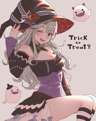  bad_id bad_twitter_id breasts cleavage commentary_request corrin_(female)_(fire_emblem) corrin_(fire_emblem) detached_collar female fire_emblem fire_emblem_fates fire_emblem_heroes ghost grey_background halloween halloween_costume hat highres hoshido1214 long_hair long_sleeves medium_breasts one_eye_closed open_mouth pointy_ears red_eyes simple_background solo trick_or_treat white_hair witch_hat 