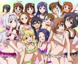  6+girls :d ;d ahoge akizuki_ritsuko amami_haruka arms_up ass back bikini black_bikini black_hair blonde_hair blue_eyes blue_hair braid breasts brown_eyes brown_hair cleavage closed_eyes collarbone commentary_request frilled_bikini frills futami_ami futami_mami ganaha_hibiki glasses green_eyes grey_hair hagiwara_yukiho hairband high_ponytail highres hoshii_miki idolmaster idolmaster_(classic) idolmaster_2 kikuchi_makoto kisaragi_chihaya long_hair looking_at_viewer medium_breasts minase_iori miura_azusa mole mole_under_mouth multiple_girls navel oerba_yun_fang one_eye_closed open_mouth orange_hair otonashi_kotori ponytail purple_bikini purple_eyes scrunchie shijou_takane short_hair side_ponytail small_breasts smile swimsuit takatsuki_yayoi tokiani twin_braids v vivid_bikini_(idolmaster) white_bikini yellow_bikini 