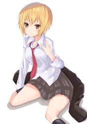  aiura bad_id bad_pixiv_id black_socks blonde_hair female gomashi_(goma) iwasawa_saki jacket kneehighs necktie pleated_skirt salute school_uniform short_hair sitting skirt socks solo unworn_jacket vulcan_salute yellow_eyes 