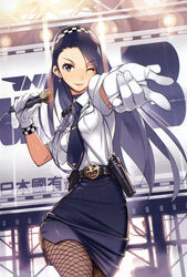  armpit_peek black_eyes blue_hair choker earrings female fishnet_pantyhose fishnets foreshortening glint gloves hairband highres jewelry kashima_noa long_hair looking_at_viewer microphone narrow_waist necktie one_eye_closed outstretched_arm pantyhose pencil_skirt photoshop_(medium) police police_uniform rail_wars! scan skirt solo stage_lights swept_bangs uniform vania600 white_gloves 