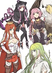  1boy 1other 2girls androgynous animal_hood astolfo_(fate) bad_id bad_pixiv_id bird blue_eyes blush boudica_(fate) boudica_(third_ascension)_(fate) braid breasts cape cleavage collar enkidu_(fate) fate/apocrypha fate/grand_order fate/strange_fake fate_(series) garter_straps gloves green_eyes green_hair hair_ribbon highres hippogriff hood juliet_sleeves large_breasts leotard long_hair long_sleeves looking_at_viewer medusa_(fate) medusa_(lancer)_(fate) multiple_girls navel oerba_yun_fang open_mouth otoko_no_ko pink_hair puffy_sleeves purple_eyes purple_hair red_hair ribbon robe simple_background single_braid smile teshima_nari thighhighs very_long_hair 