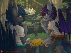  anthro apple atane27 banana bat bat_pony dialogue digit_ring digital_media_(artwork) duo english_text equid equine fan_character female food fruit hasbro horse jewelry mammal my_little_pony nolegs_(oc) patreon patreon_logo pear plant plantigrade pony ring shaded speck_(nukepone) text url wedding_ring worried 