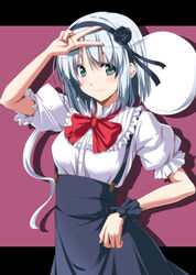  black_flower black_hairband black_ribbon black_rose black_skirt blouse blush bow bowtie breasts buttons closed_mouth commentary_request cosplay cowboy_shot dagashi_kashi female flower frilled_shirt frills from_side green_eyes grey_hair hair_flower hair_ornament hair_ribbon hairband hand_on_own_head hand_up happy high-waist_skirt highres konpaku_youmu konpaku_youmu_(ghost) letterboxed light_smile looking_at_viewer meme_attire nori_tamago parted_bangs photoshop_(medium) pose puffy_short_sleeves puffy_sleeves purple_background red_bow ribbed_shirt ribbon rose shadow shidare_hotaru shidare_hotaru_(cosplay) shirt short_hair short_sleeves simple_background skirt small_breasts smile solo suspender_skirt suspenders touhou turtleneck v virgin_killer_outfit white_shirt wrist_cuffs 