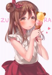  alternate_hairstyle blush brown_eyes brown_hair commentary_request female food frills fuyuzima hair_between_eyes hair_bun hair_ribbon heart highres holding holding_food ice_cream ice_cream_cone kunikida_hanamaru looking_at_viewer love_live! love_live!_sunshine!! polka_dot polka_dot_ribbon red_skirt ribbon single_side_bun skirt solo striped striped_background tongue tongue_out twitter_username vertical_stripes zura_(phrase) 