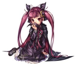  alucard_lore bad_id bad_pixiv_id bat_(animal) bat_wings blush bow cape commentary_request dress emil_chronicle_online female hair_ornament hair_ribbon hairbow long_hair looking_at_viewer nakasaki_hydra red_eyes red_hair ribbon sitting smile transparent_background twintails wings yokozuwari 