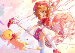  antenna_hair blush brown_hair cardcaptor_sakura commentary_request dress female fuuin_no_tsue green_eyes hat kero_(cardcaptor_sakura) kinomoto_sakura kinomoto_sakura_(magic_dream_costume) looking_at_viewer magical_girl nishita open_mouth short_hair smile wand wings 