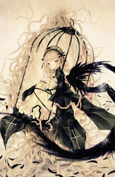  bad_id bad_pixiv_id birdcage black_flower black_ribbon black_rose black_wings blonde_hair cage cross dress feathers female flower frilled_sleeves frills gothic_lolita hairband lolita_fashion lolita_hairband long_hair long_sleeves orange_eyes plant_roots ribbon ringo_komachi rose rozen_maiden solo suigintou wings 