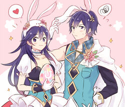  1boy :3 animal_ears animal_hood asymmetrical_clothes blue_hair blush chrom_(fire_emblem) chrom_(spring)_(fire_emblem) commentary_request dinikee easter easter_egg egg fake_animal_ears father_and_daughter female fire_emblem fire_emblem_awakening fire_emblem_heroes gloves heart hood looking_at_viewer lucina_(fire_emblem) lucina_(spring)_(fire_emblem) official_alternate_costume open_collar rabbit_ears rabbit_hood spoken_heart spoken_squiggle squiggle sweatdrop upper_body 