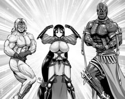  2boys abs armlet armor bald belt biceps blush bodysuit breasts cho_aniki commentary_request darius_iii_(fate) dark-skinned_male dark_skin earrings fate/grand_order fate_(series) female flexing gloves greyscale grin huge_breasts japanese_armor jewelry kanno_takanori kote long_hair low-tied_long_hair manly mask minamoto_no_raikou_(fate) monochrome multiple_boys muscular no_nipples no_pupils pectorals ponytail pose smile sparkle spartacus_(fate) standing tattoo teeth topless_male trait_connection veins very_long_hair 