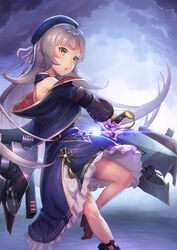  azur_lane bad_id bad_pixiv_id bare_shoulders beret blue_dress blue_hat blue_jacket brown_eyes brown_footwear cannon cloud cloudy_sky commentary_request cross dress female glowing hair_ornament hat high_heels highres holding holding_sword holding_weapon iron_cross jacket light_brown_hair long_hair long_sleeves looking_away machinery mole mole_under_eye momoto parted_lips photoshop_(medium) sheath sky solo standing standing_on_one_leg sword turret unsheathing very_long_hair weapon z46_(azur_lane) 