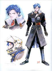  1990s_(style) 1boy absurdres aoki_uru belt blue_hair boots cable gloves helmet highres looking_at_viewer military military_uniform official_art pilot pilot_suit production_art retro_artstyle sadamoto_yoshiyuki scan science_fiction signature traditional_media translation_request uniform uru_(aoki_uru) yellow_eyes 