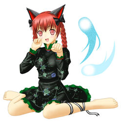  animal_ears barefoot cat_ears cat_tail commentary_request female ghost hair_ribbon kaenbyou_rin md5_mismatch paw_pose photoshop_(medium) red_eyes red_hair ribbon setona_(daice) sitting solo tail touhou wariza 