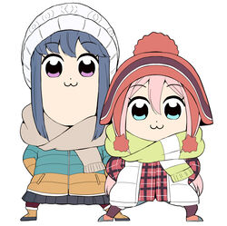  2girls :3 aikawa_ryou arms_behind_back beanie bkub_(style) black_skirt blue_eyes blue_hair blue_shorts boots brown_footwear brown_hat brown_legwear brown_scarf closed_mouth commentary_request fringe_trim fur-trimmed_boots fur_trim green_scarf hat jacket kagamihara_nadeshiko long_sleeves looking_at_viewer multiple_girls pantyhose parody partial_commentary pink_hair plaid plaid_jacket pleated_skirt poptepipic poptepipic_pose purple_eyes red_jacket scarf season_connection shima_rin short_shorts shorts sidelocks simple_background skirt standing style_parody vest white_background white_hat white_vest yurucamp 