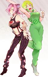  2girls bad_id bad_pixiv_id black_hair crop_top double_bun foo_fighters_(jojo) green_eyes green_hair hair_bun jojo_no_kimyou_na_bouken kujo_jolyne midriff multicolored_hair multiple_girls overalls pink_hair short_hair stone_ocean two-tone_hair xxxceller 