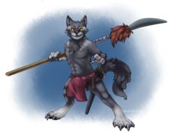  aetherel anthro bottomwear canid canine canis clothing loincloth looking_at_viewer male mammal melee_weapon polearm sapphire-gale solo spear sword weapon wolf yellow_eyes 