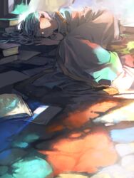  book closed_eyes closed_mouth commentary_request female habit index_(toaru_majutsu_no_index) long_hair lying nun on_floor on_side paper sleeping solo toaru_majutsu_no_index toooka white_hair 