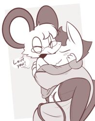  2018 absurd_res anthro blush canid canine chow_(theartmanor) closed_eyes clothing cuddling dialogue duo english_text eyewear female glasses hi_res hug humanoid_pointy_ears i_love_you legwear love male male/female mammal molte mouse murid murine pandemonium_wizard_village rodent romantic romantic_couple simple_background smile sweater text theartmanor thigh_highs topwear 